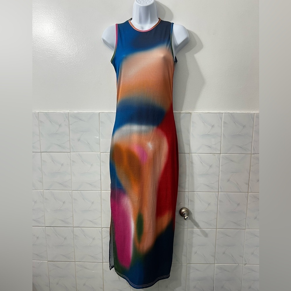 Women’s Tie Dye Bodycon Tank Dress Size S Artsy Psychedelic Party Rave Side Slit